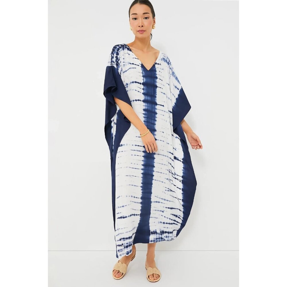 NWT Emerson Fry India Collection Tie Dye Caftan in Indigo White Maxi Dress XS/S